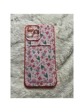 Pink Floral Phone Case with Card Holder for iPhone 13 Pro Max